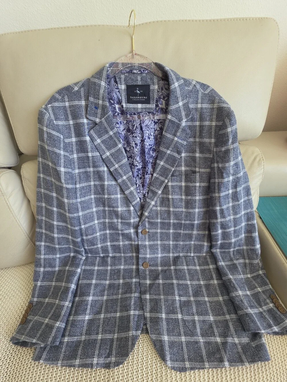 TailorByrd Blue Plaid Lightweight Blazer Sport Coat Paisley Lining 46R